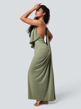 NWT Halara V Neck Tie Back Ruched Maxi Slip Dress Light Green Floral Yarn S